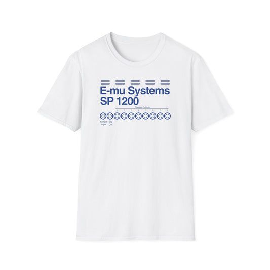 White t-shirt with blue "E-mu Systems SP 1200" and channel outputs graphic.