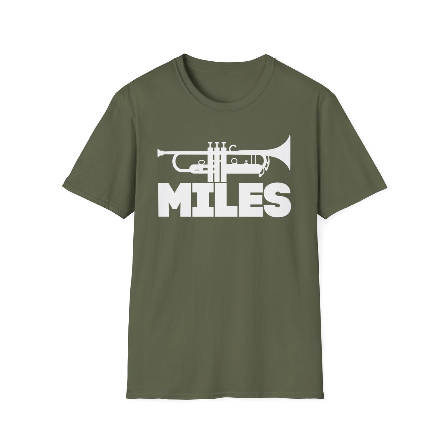 Olive green t-shirt with white trumpet graphic and "MILES" text.