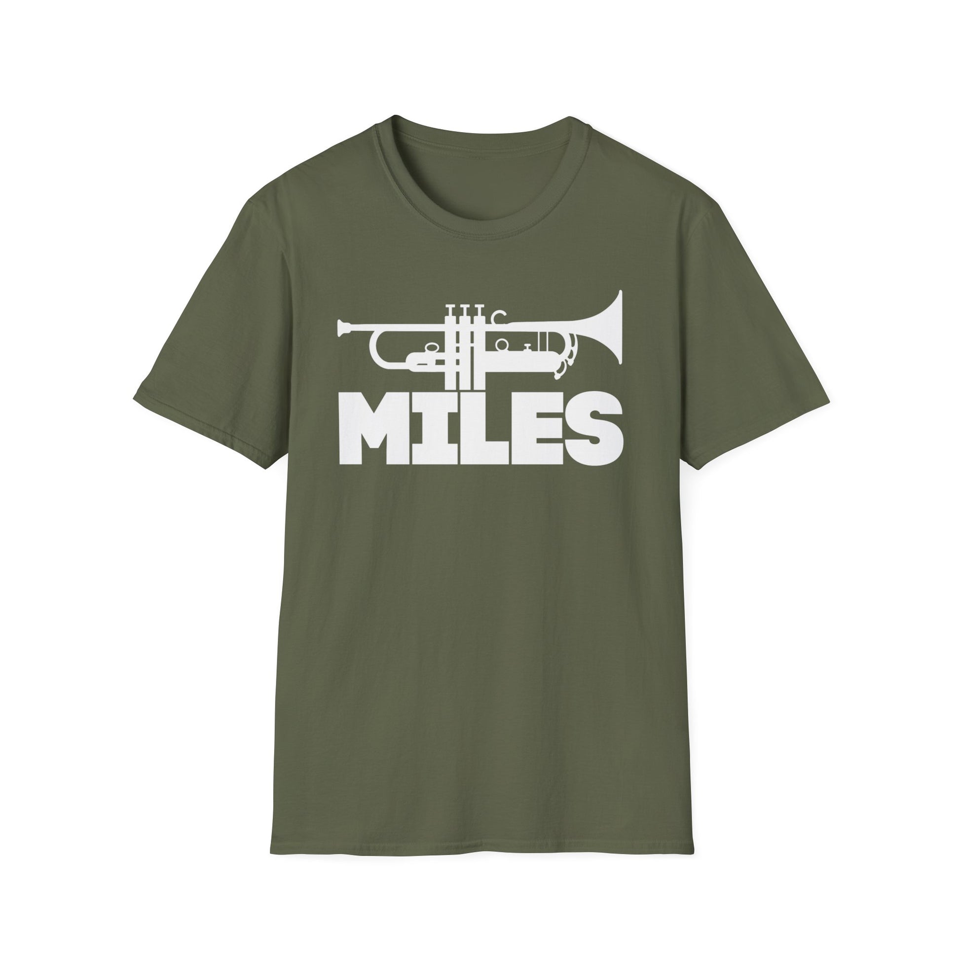 Olive green t-shirt with white trumpet graphic and "MILES" text.