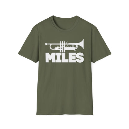 Olive green t-shirt with white trumpet graphic and "MILES" text.