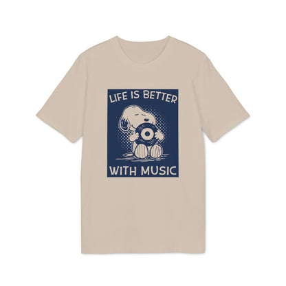Beige short-sleeve t-shirt with a blue graphic of Snoopy holding a record and text reading LIFE IS BETTER WITH MUSIC.