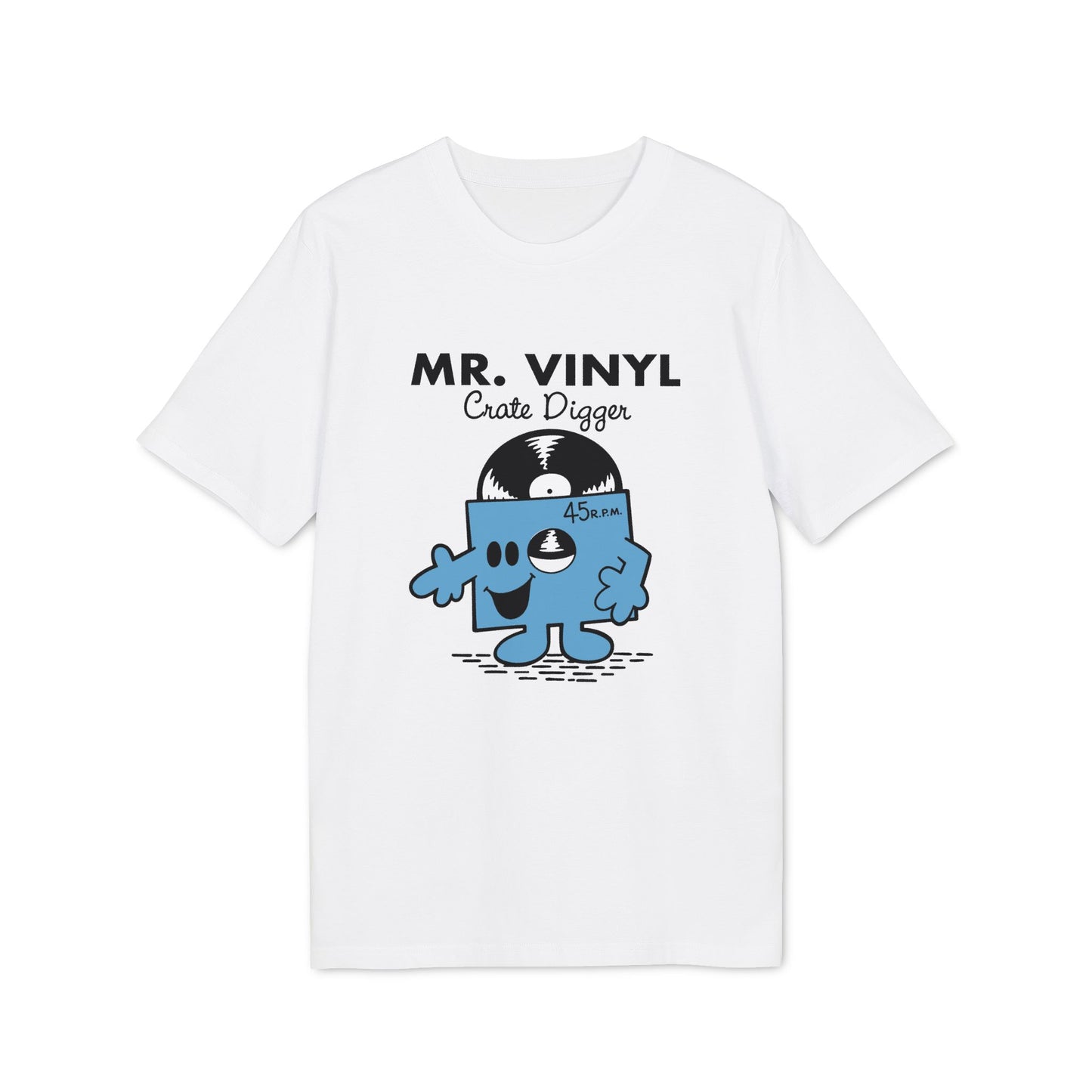 White t-shirt with Mr. Vinyl Crate Digger cartoon and 45 R.P.M. label.