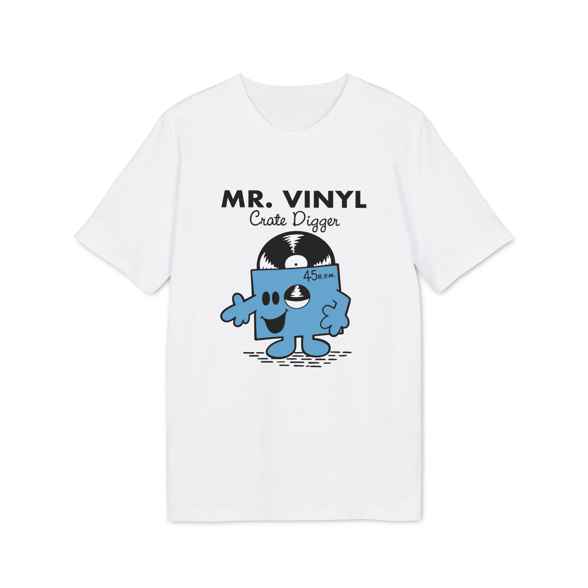 White t-shirt with Mr. Vinyl Crate Digger cartoon and 45 R.P.M. label.