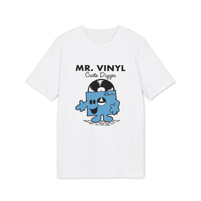 White t-shirt with Mr. Vinyl Crate Digger cartoon and 45 R.P.M. label.