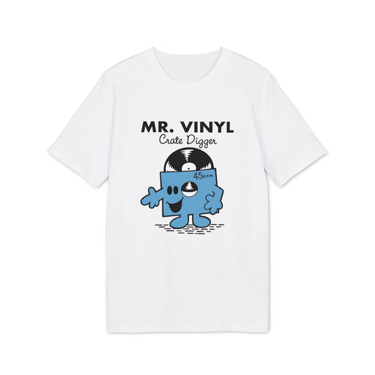 White t-shirt with Mr. Vinyl Crate Digger cartoon and 45 R.P.M. label.