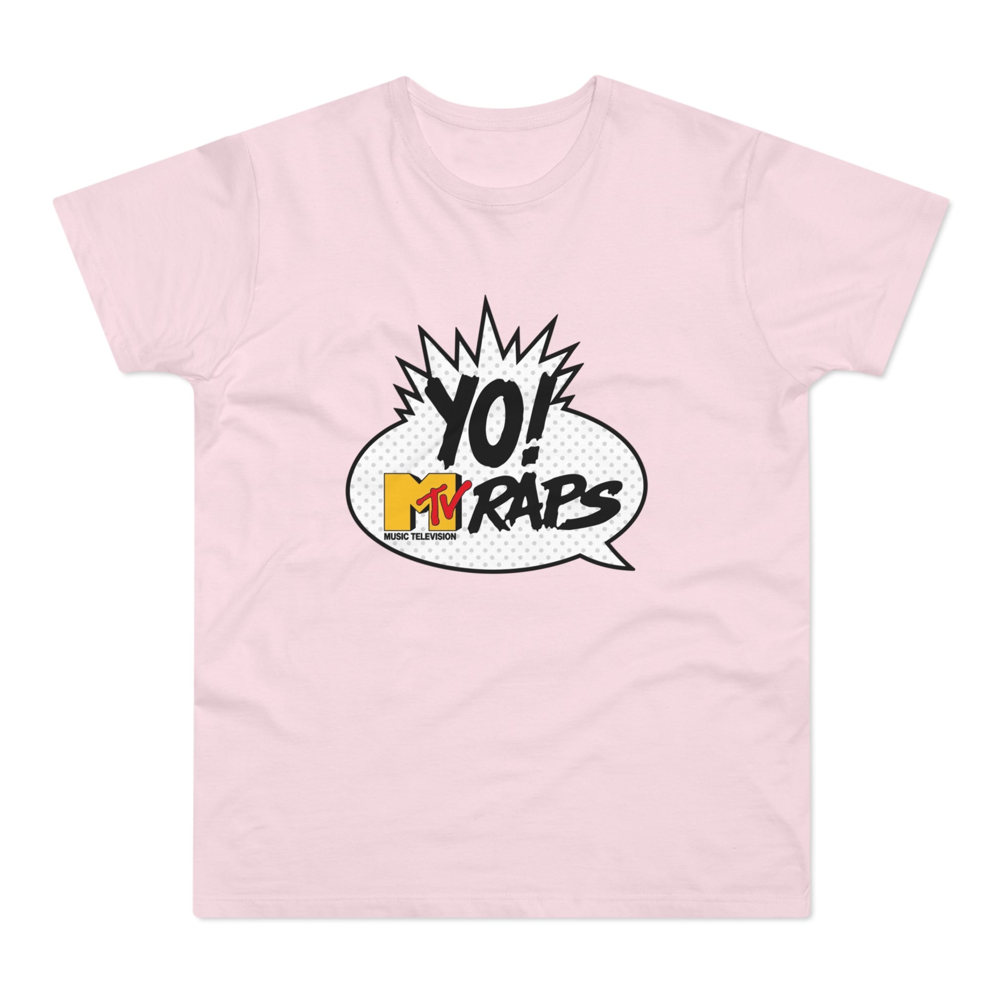Pink t-shirt with a "YO! MTV RAPS" comic bubble graphic.