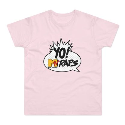 Pink t-shirt with a "YO! MTV RAPS" comic bubble graphic.