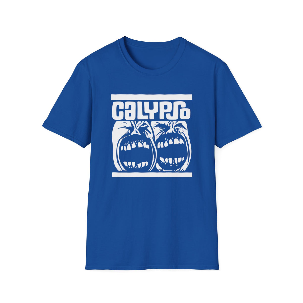 Blue t-shirt with white "CALYPSO" text and screaming faces graphic.