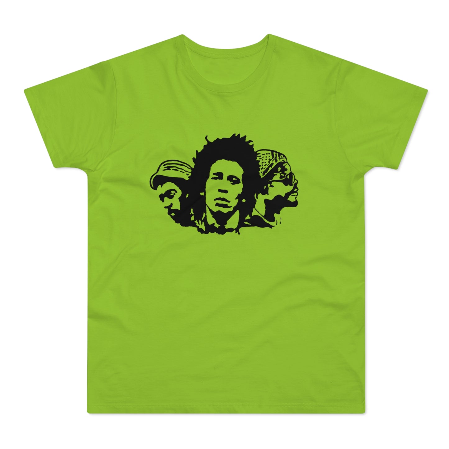 Black graphic of Bob Marley and two other men on a green t-shirt.
