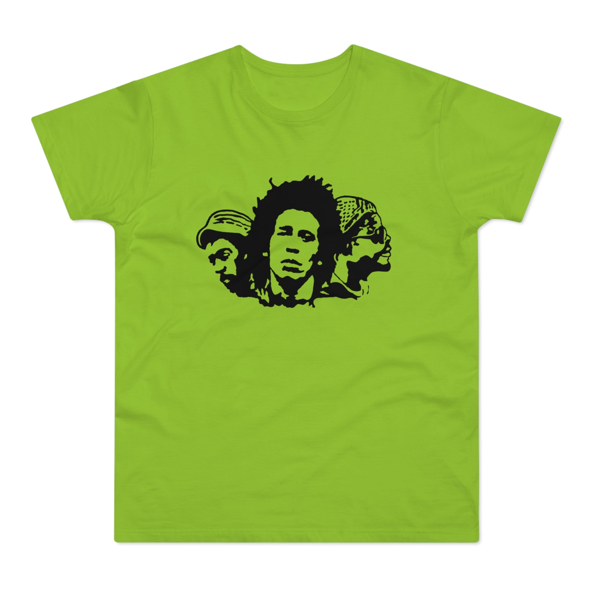 Black graphic of Bob Marley and two other men on a green t-shirt.