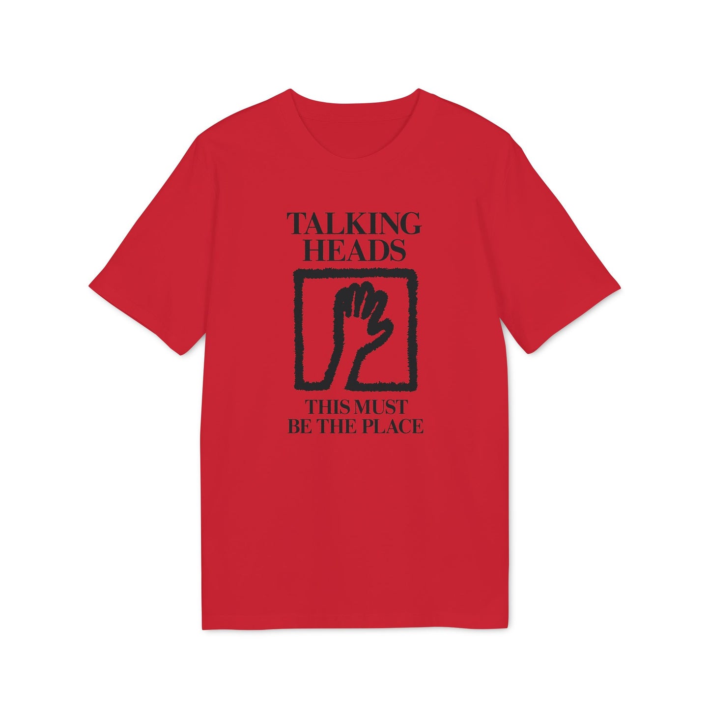 Red t-shirt with "Talking Heads" and "This Must Be The Place" text.