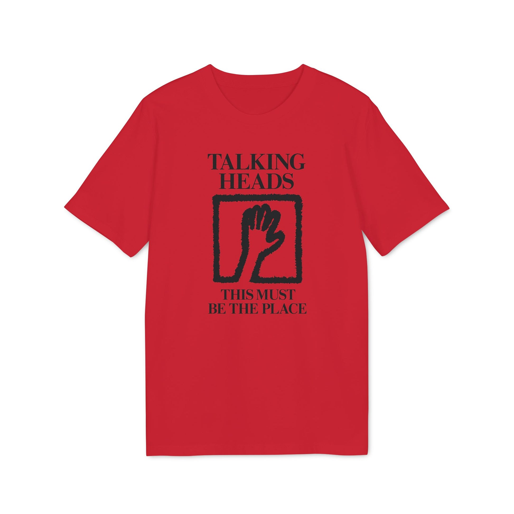 Red t-shirt with "Talking Heads" and "This Must Be The Place" text.
