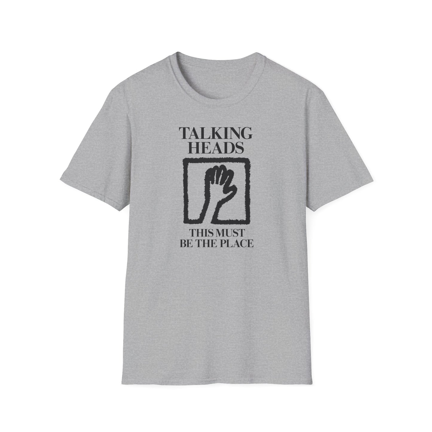 Grey t-shirt with black Talking Heads logo and text "This Must Be The Place".