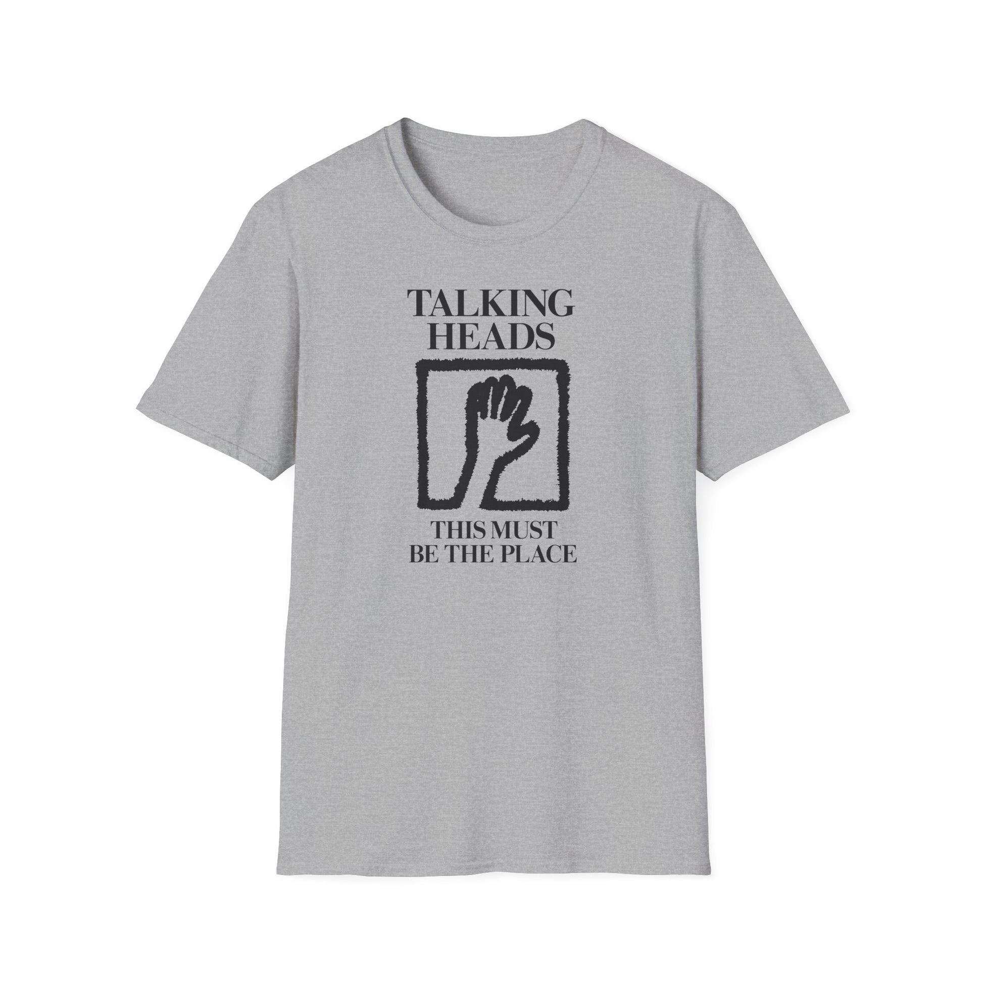 Grey t-shirt with black Talking Heads logo and text "This Must Be The Place".