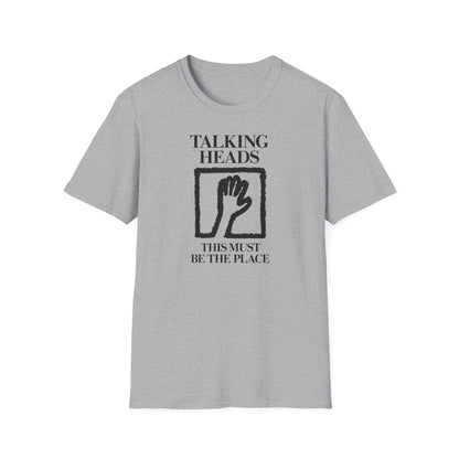 Grey t-shirt with black Talking Heads logo and text "This Must Be The Place".