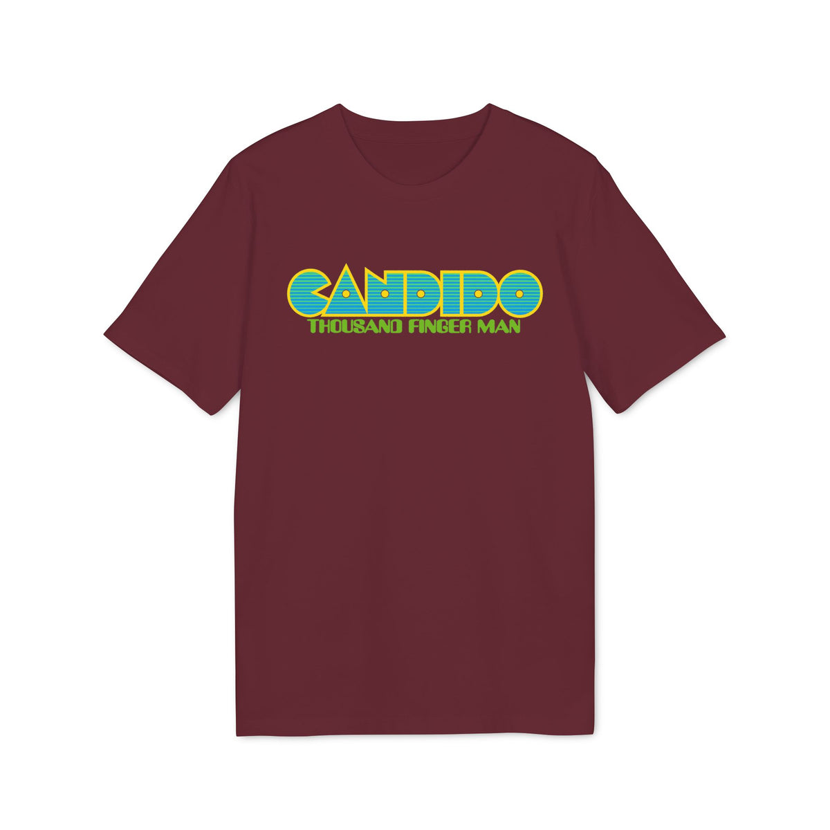 Maroon t-shirt featuring Candido Thousand Finger Man graphic text in blue, yellow, and green.
