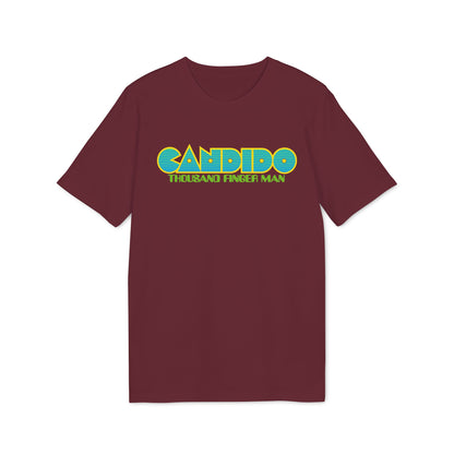 Maroon t-shirt featuring Candido Thousand Finger Man graphic text in blue, yellow, and green.