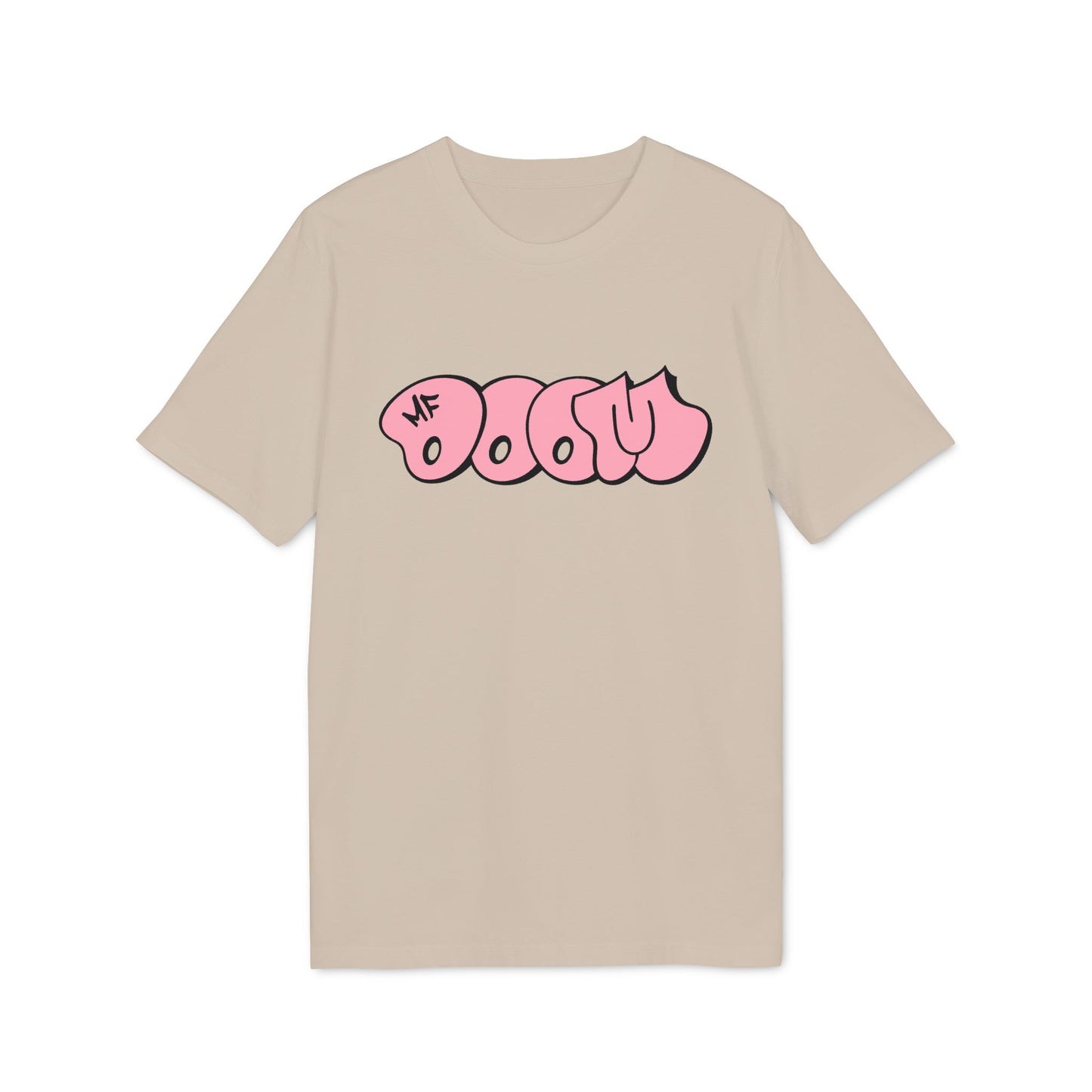 Beige t-shirt with pink bubble-style "BMF DOOM" graphic print.