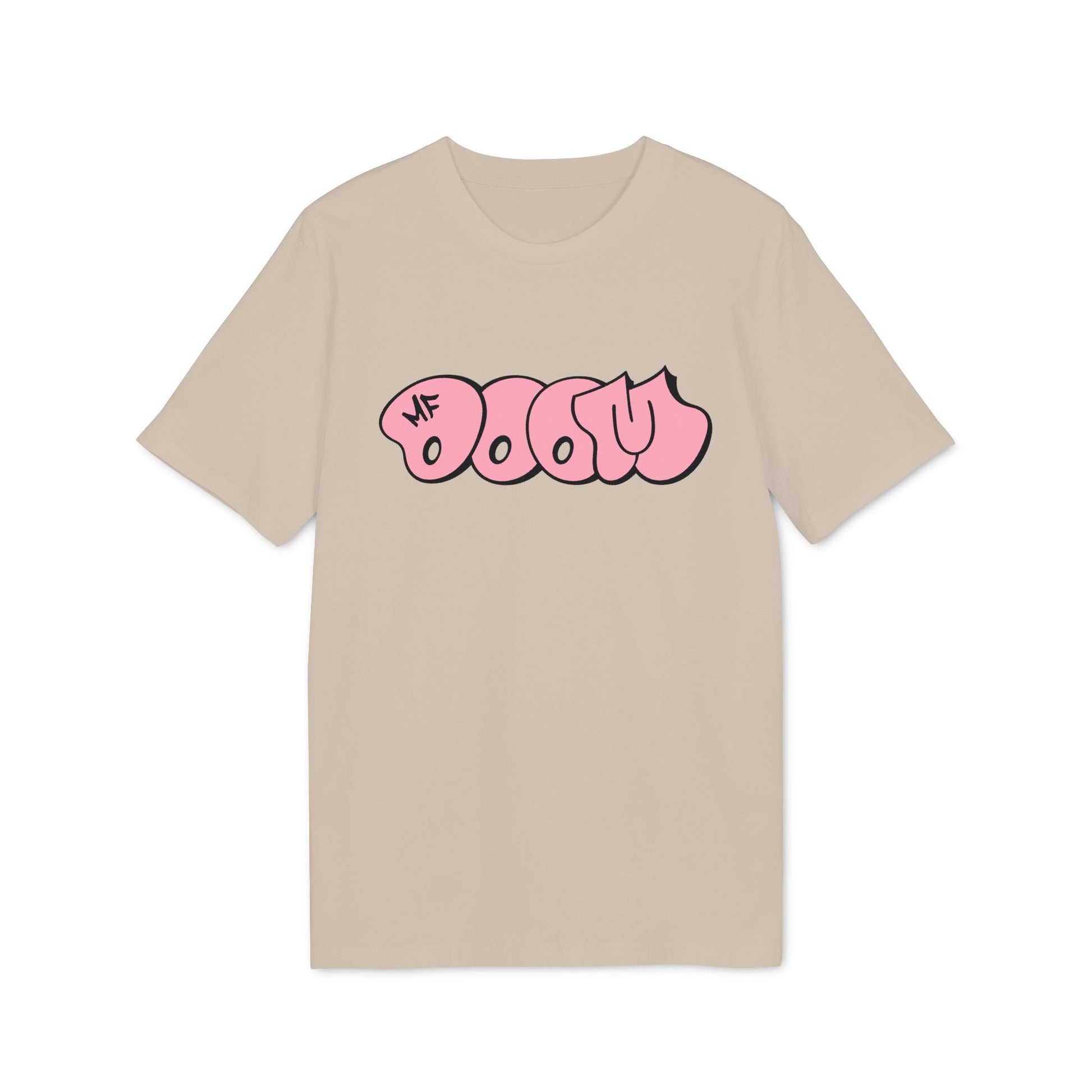 Beige t-shirt with pink bubble-style "BMF DOOM" graphic print.