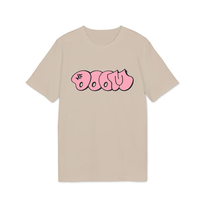 Beige t-shirt with pink bubble-style "BMF DOOM" graphic print.