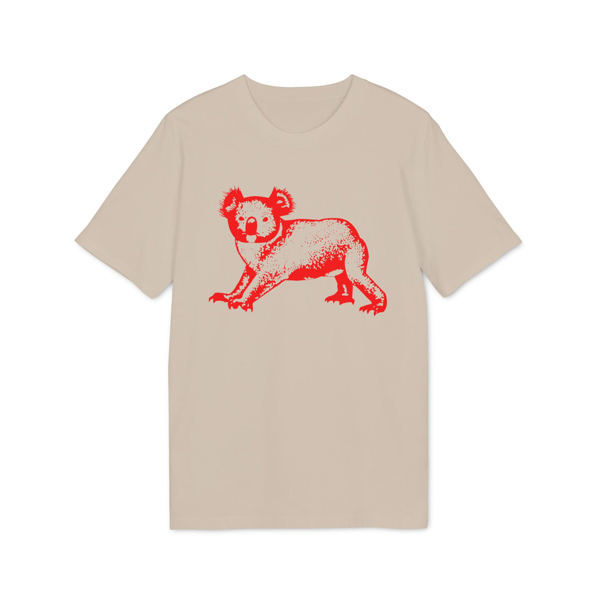 Beige t-shirt featuring a red graphic of a koala printed on the chest.