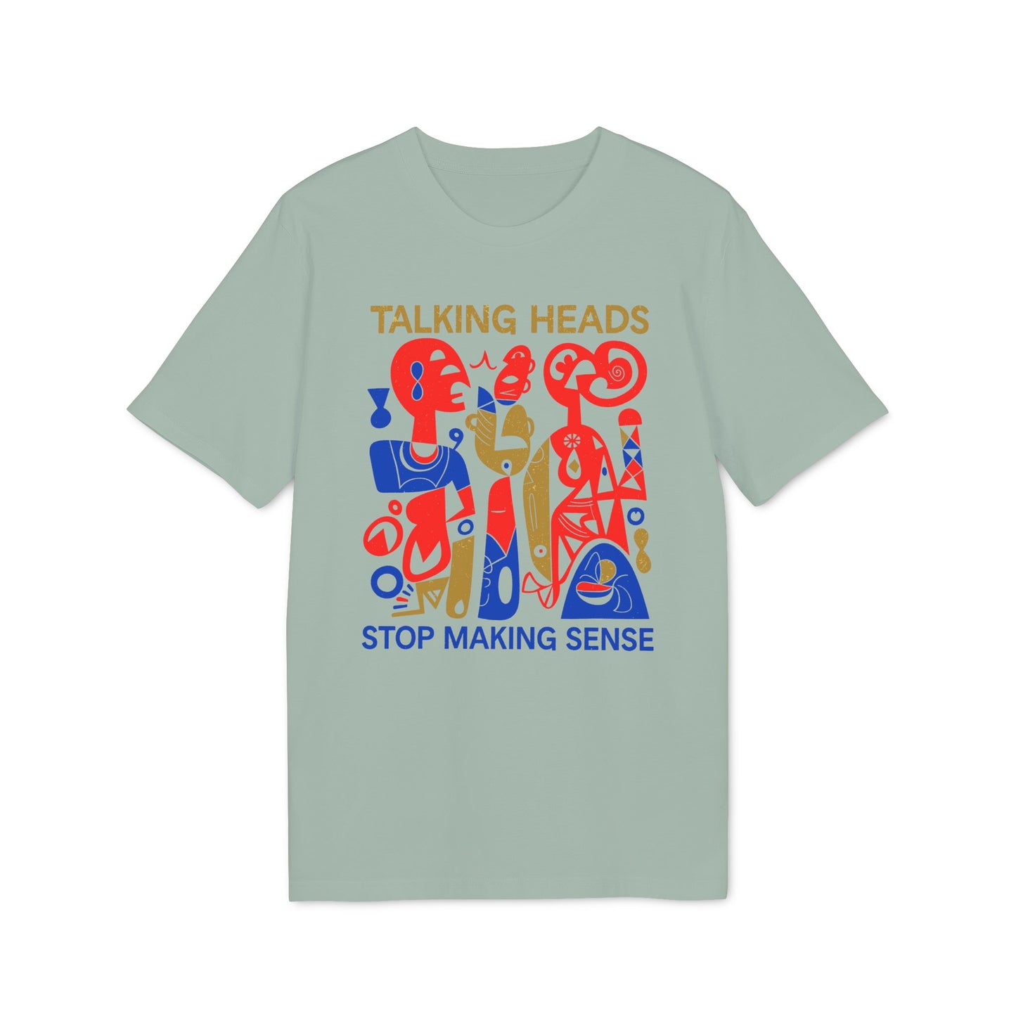 Talking Heads Stop Making Sense graphic on a light green t-shirt.