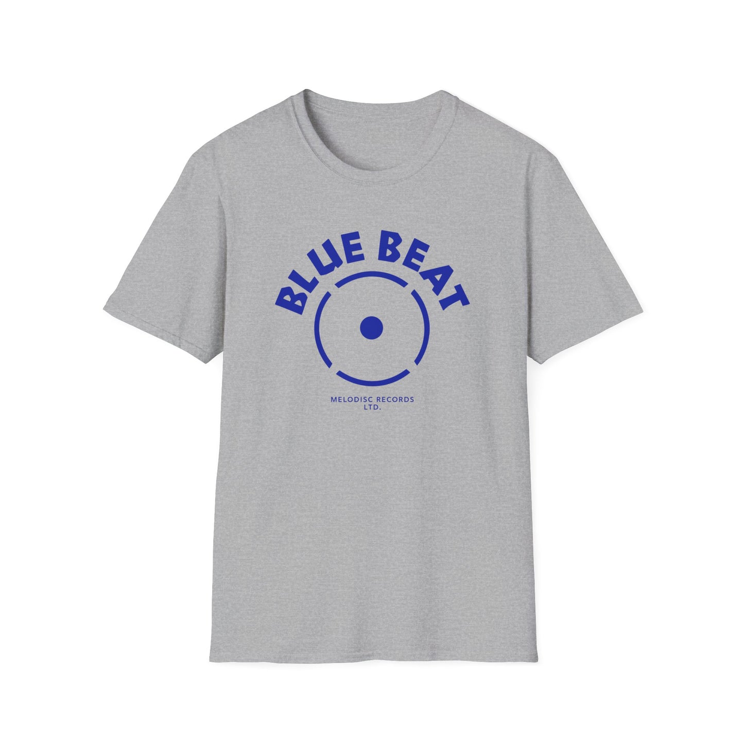 Grey t-shirt with blue "BLUE BEAT" text and record graphic.