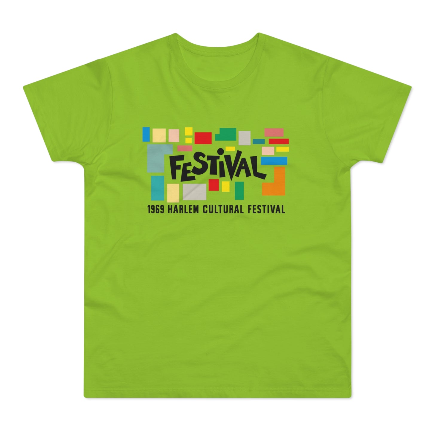 T-shirt with "FESTIVAL" in black letters and colorful blocks above and "1969 HARLEM CULTURAL FESTIVAL" below.