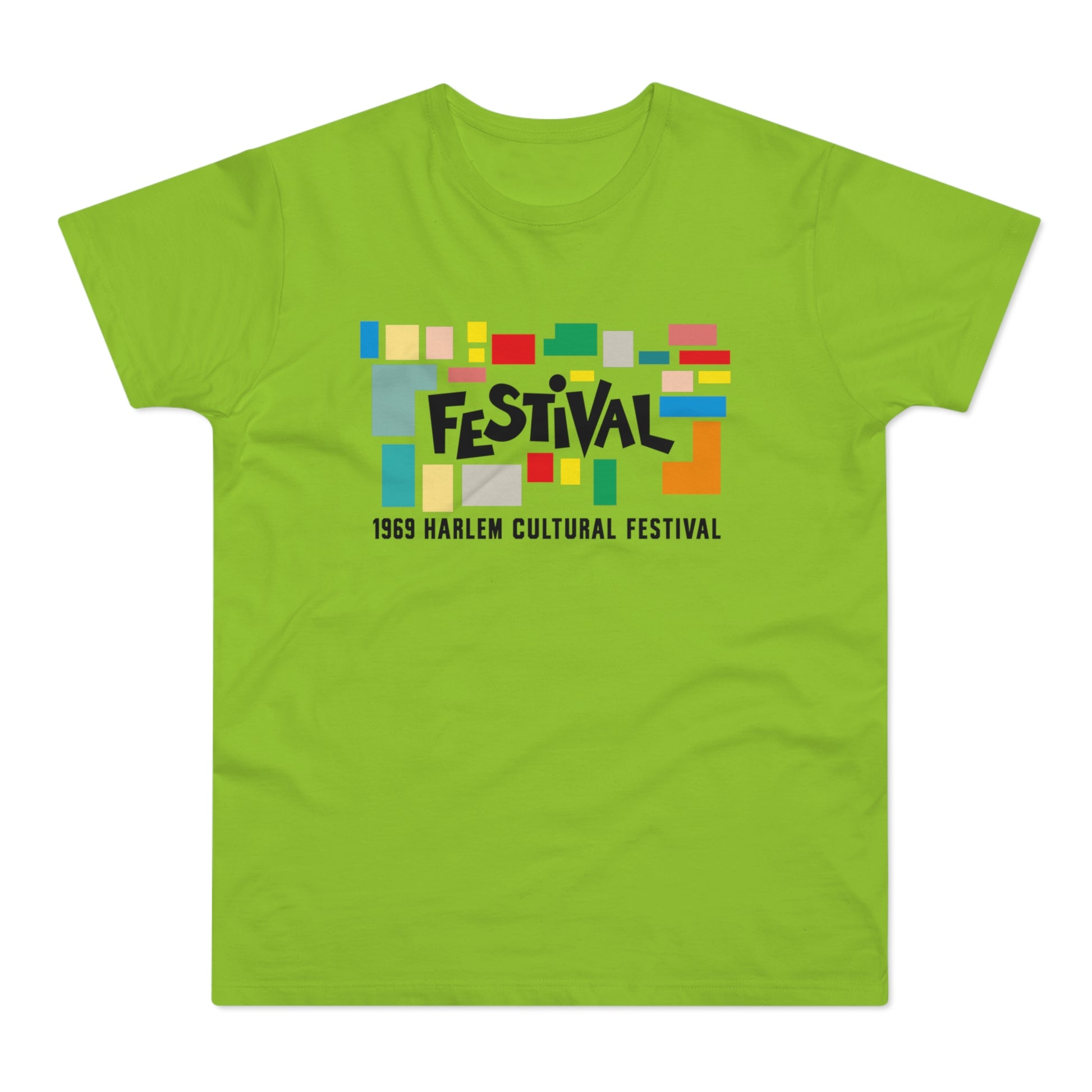 T-shirt with "FESTIVAL" in black letters and colorful blocks above and "1969 HARLEM CULTURAL FESTIVAL" below.