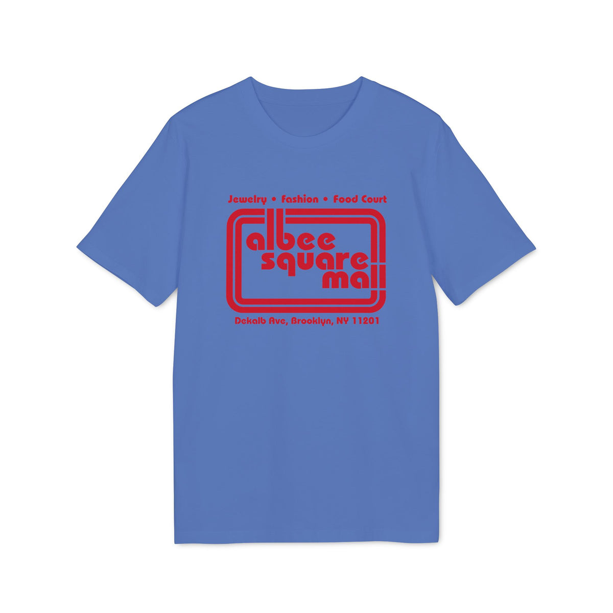 A periwinkle blue short-sleeve t-shirt with red Albee Square Mall graphic printed on the chest.