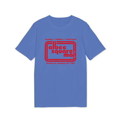 A periwinkle blue short-sleeve t-shirt with red Albee Square Mall graphic printed on the chest.