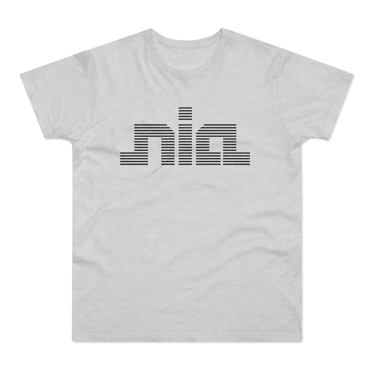 Light grey t-shirt with a black horizontal striped "nia" logo across the chest.