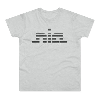 Light grey t-shirt with a black horizontal striped "nia" logo across the chest.