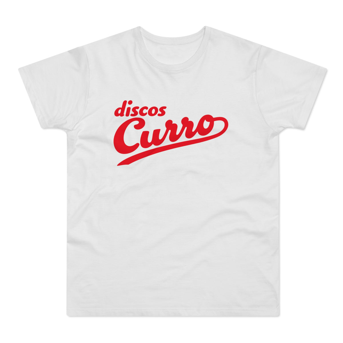 White t-shirt with red "Discos Curro" text logo.