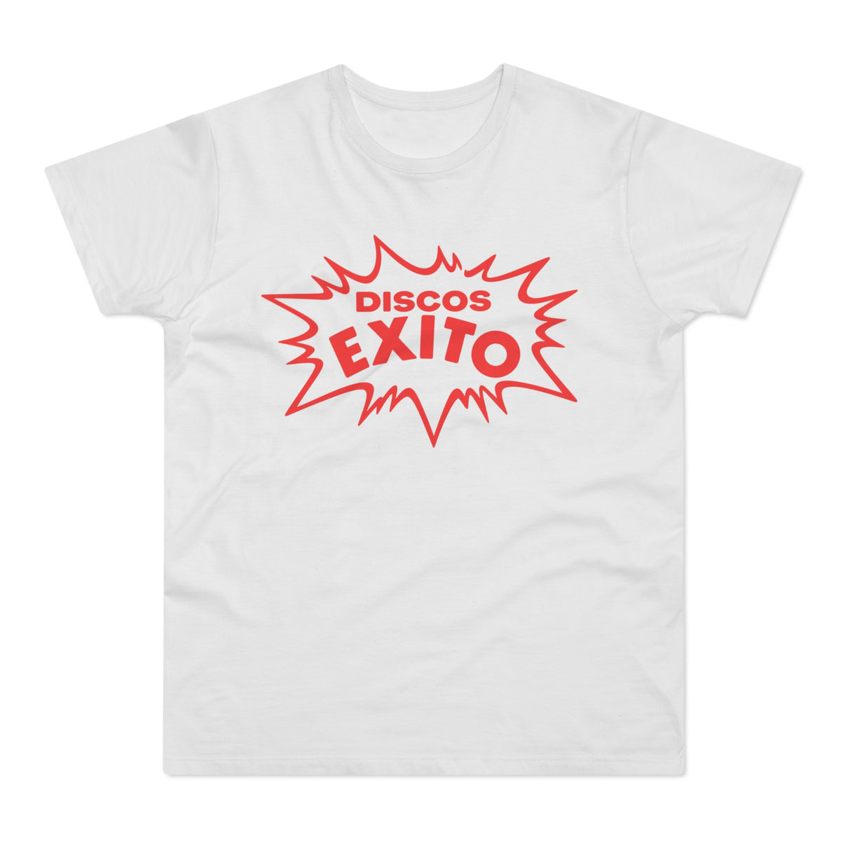 White t-shirt with red text "DISCOS EXITO" in a comic book style burst.