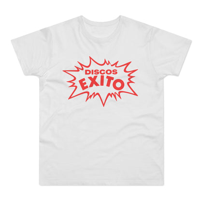 White t-shirt with red text "DISCOS EXITO" in a comic book style burst.