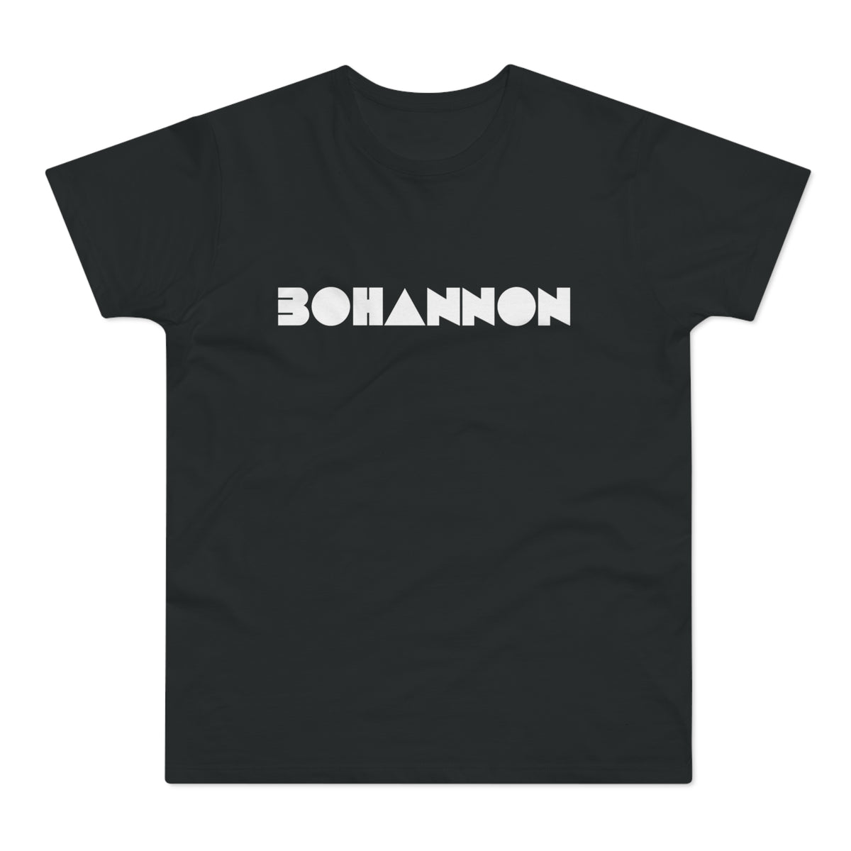 Black t-shirt with white "BOHANNON" text using geometric shapes for letters.