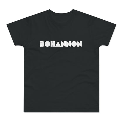 Black t-shirt with white "BOHANNON" text using geometric shapes for letters.