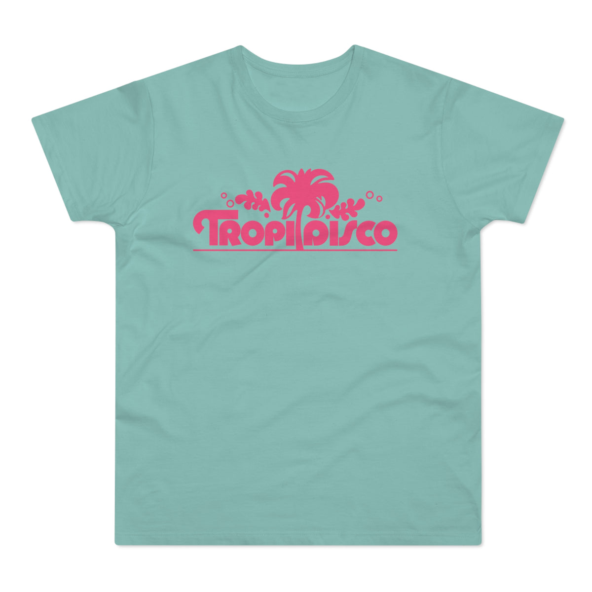 Teal t-shirt with pink "TROPIDISCO" text and palm tree graphic.