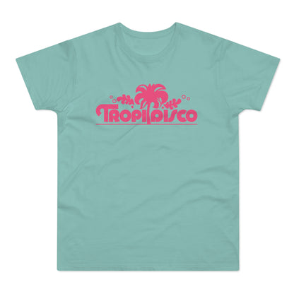 Teal t-shirt with pink "TROPIDISCO" text and palm tree graphic.