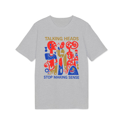 Grey t-shirt with "TALKING HEADS STOP MAKING SENSE" and abstract art.