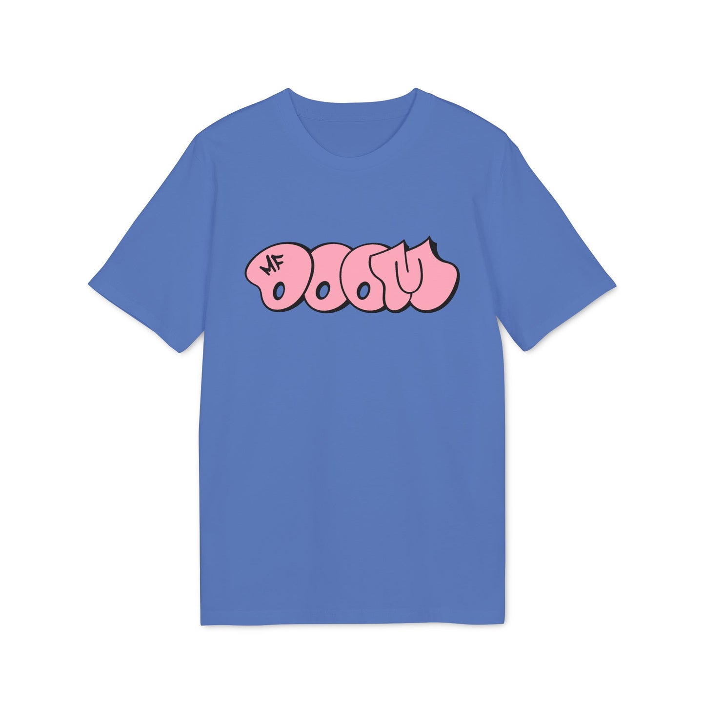 Blue t-shirt with pink bubble text "MF DOOM" graphic on the front.