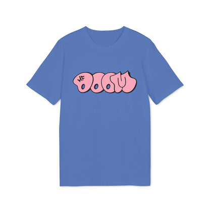 Blue t-shirt with pink bubble text "MF DOOM" graphic on the front.