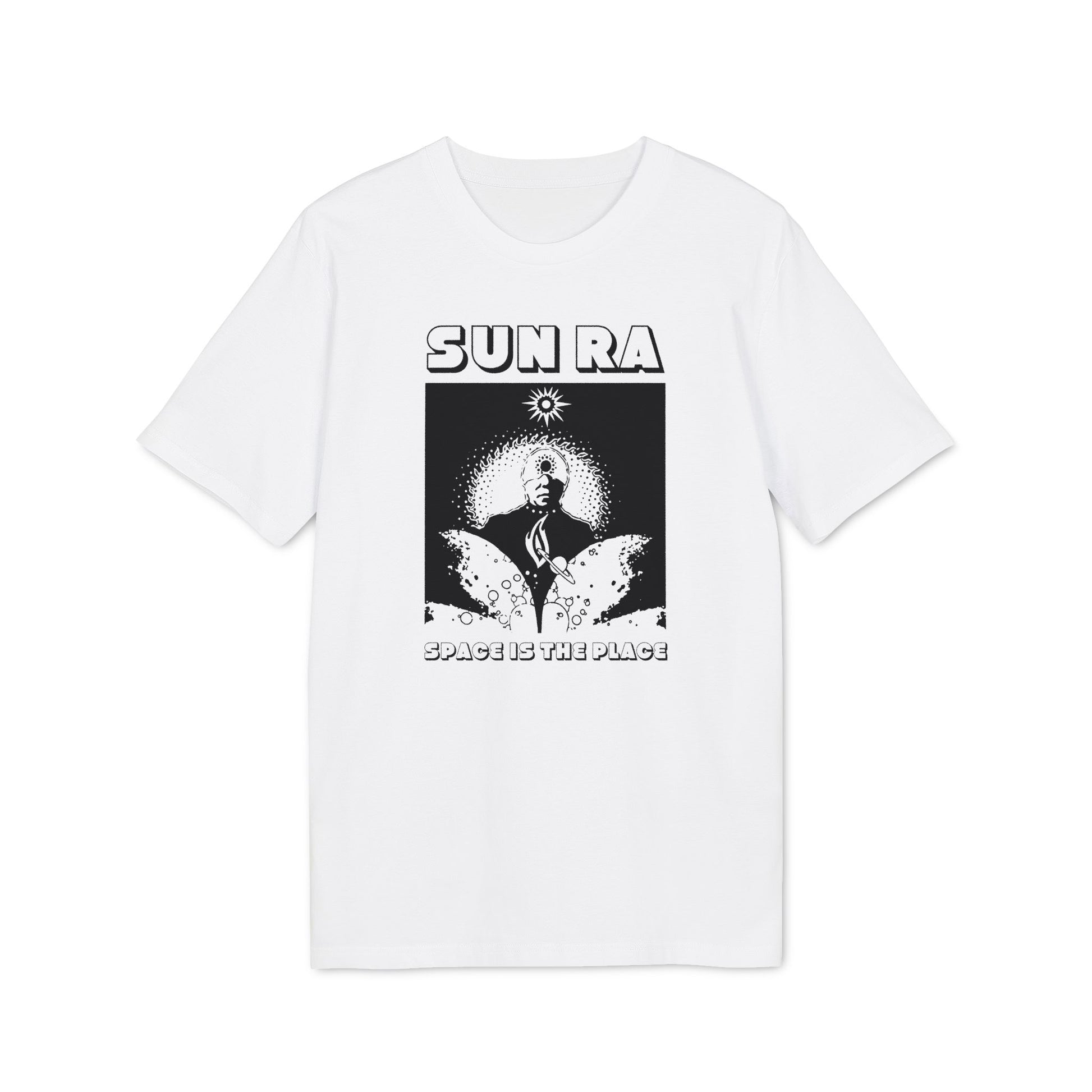 White t-shirt with black graphic of Sun Ra and text "SPACE IS THE PLACE".