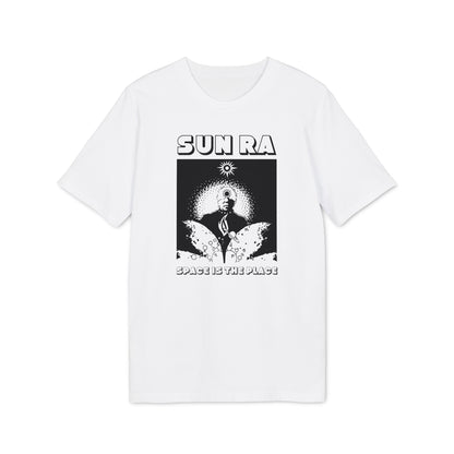 White t-shirt with black graphic of Sun Ra and text "SPACE IS THE PLACE".
