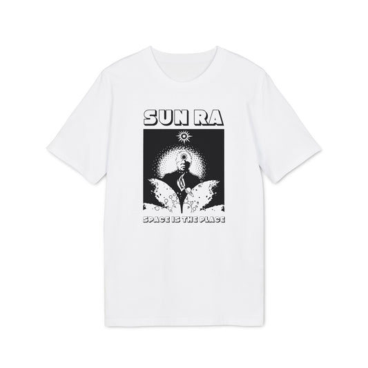 White t-shirt with black graphic of Sun Ra and text "SPACE IS THE PLACE".