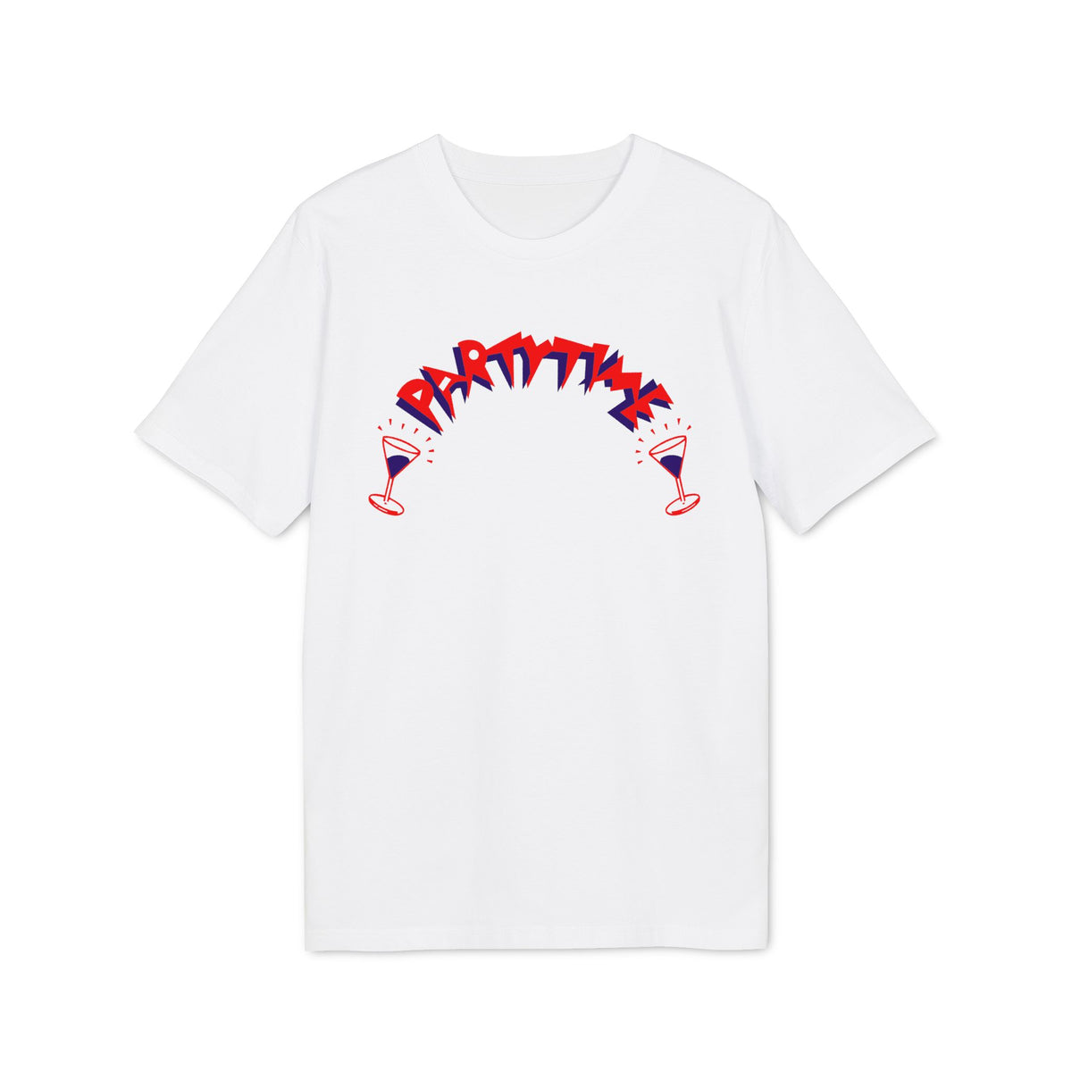 A white short-sleeved t-shirt with red and blue graphic text reading PARTY TIME flanked by two cocktail glasses.
