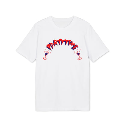 A white short-sleeved t-shirt with red and blue graphic text reading PARTY TIME flanked by two cocktail glasses.