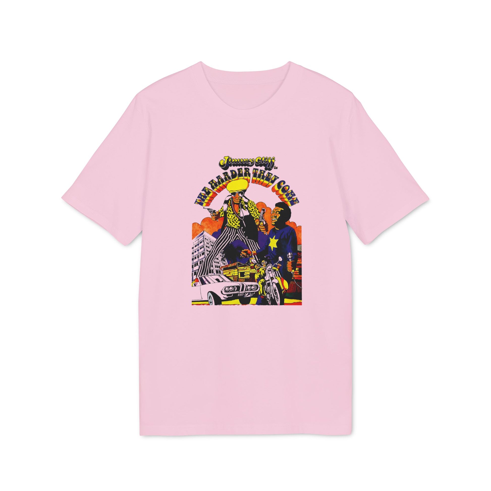Pink t-shirt with Jimmy Cliff "The Harder They Come" graphic.