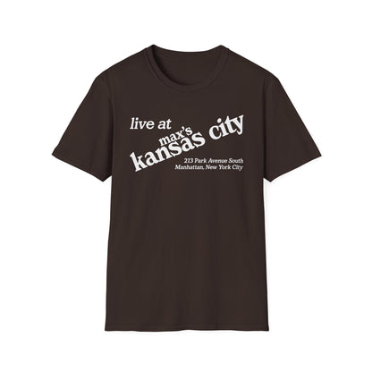 Brown t-shirt with white text: "live at max's kansas city 213 Park Avenue South Manhattan, New York City"
